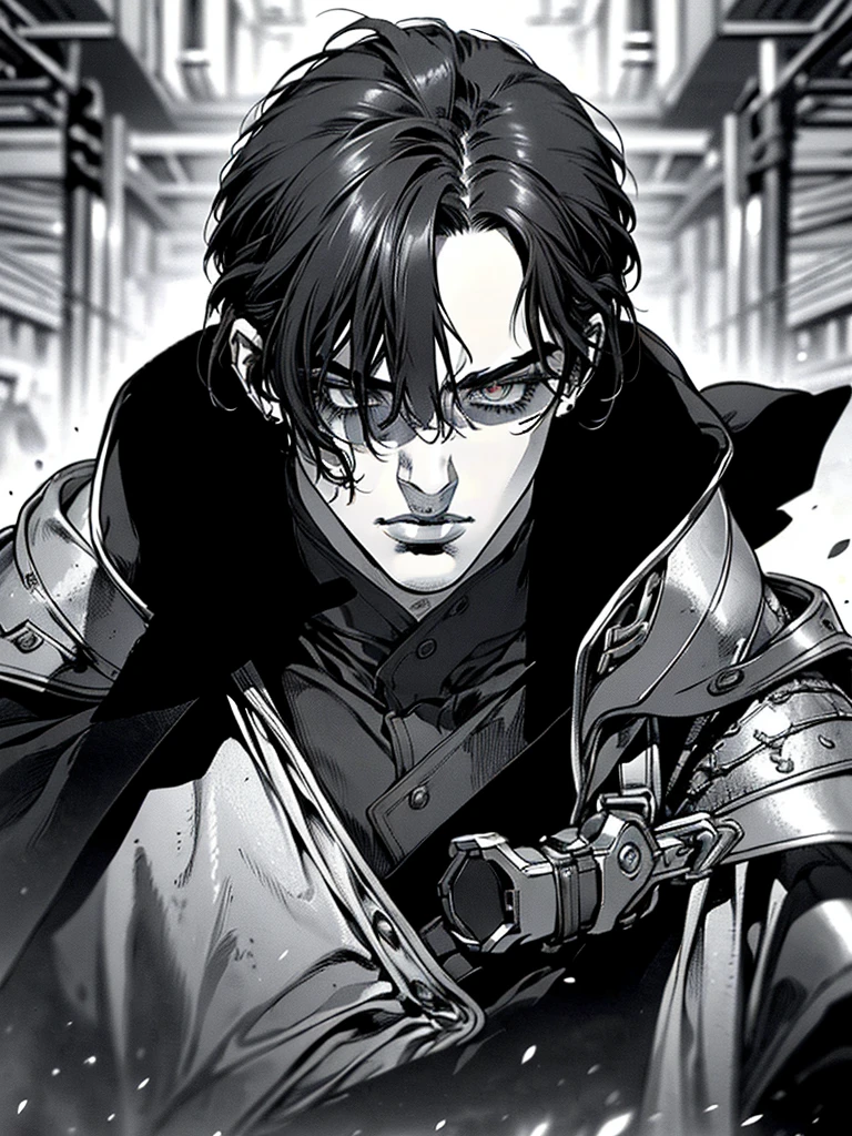 Boichi Manga Style,  adult((man)) 1 person, Black & White, gray scale, Pointing gun, Elegant uniform,Black Knight Armor,Black Knight Cloak((Black wool, hairสีดำ,hairสั้นสีดำ, ((Masterpiece)), lips, eyes, ear, hair,Rage,looking at the audience, 