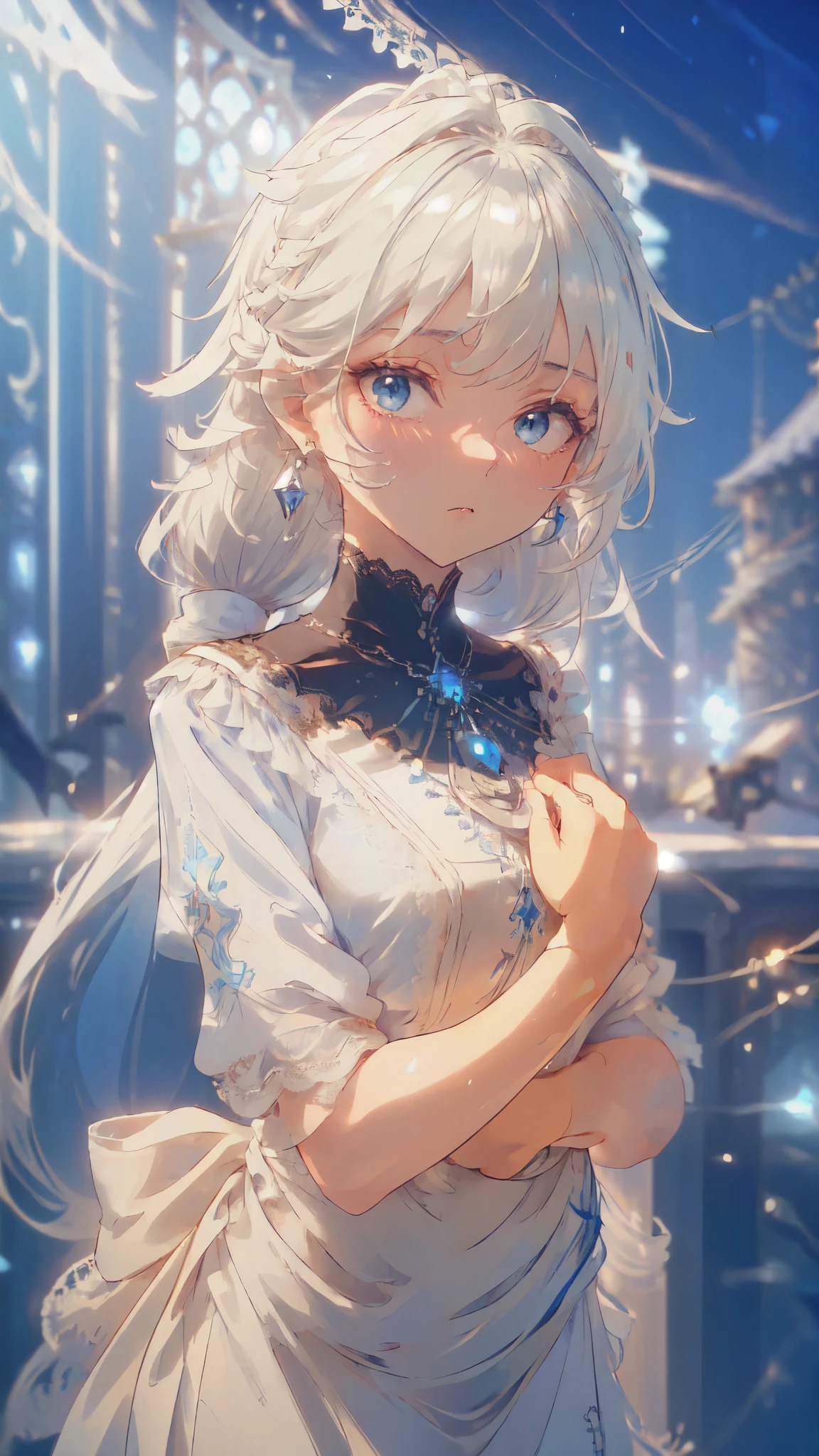 ((sfw: 1.4)), ( Beautiful white glowing skin, incomparable beauty, bright, fresh, gentle expression, perfect beautiful cute face, shiny platinum blonde silk super long straight hair, beautiful shiny bangs, eyeliner, big clear sky blue eyes,, earrings), (sfw, She is wearing a long white embroidered skirt, a red blouse with lace, a white apron tied around her waist, blue socks, and brown leather shoes. A blue scarf is on her head. Yes, her accessories include necklaces, earrings, and bracelets. 1 Girl)), Ultra High Resolution, (Realistic: 1.4), RAW Photo, Best Quality, (Photorealistic Stick), Focus, Soft Light, (()), (( (young face))), (surface), (depth of field), masterpiece, (realistic), woman, bangs, ((1 girl)),  