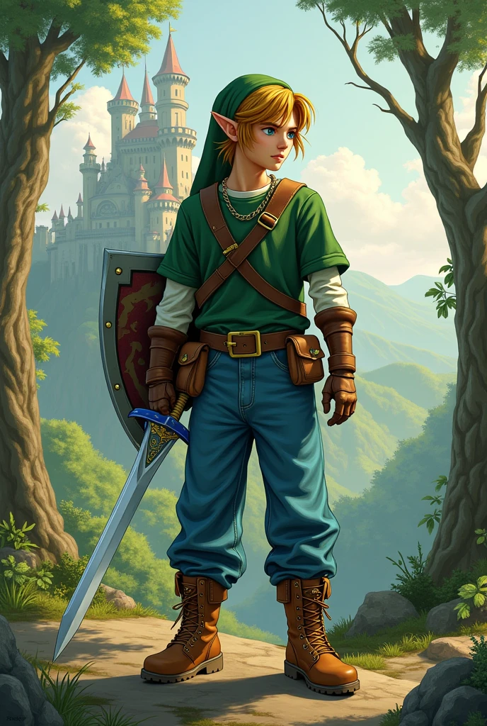 Make link from the legend of Zelda in his version of the legend of zelda: Ocarina of Time, with wide hip hop style jeans and Timberland style boots , with the graphics of the legend of zelda: Ocarina of Time, with a background in the style of the legend of Zelda: Ocarina of Time