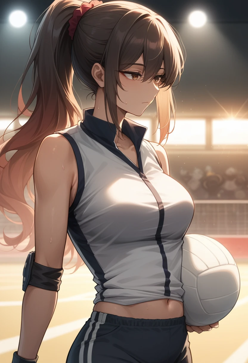 highres, highest quallity, illustration, cinematic light, dramatic shading, night days, good lighting, volumetric lighting, backlighting, light rays, deep brown eyes, Black long hair, gradient hair, High Ponytail, red_scrunchie, (highres:1.0), solo, perfect body, medium breasts, curvy body, beautiful face, Expressionless, look away, Adult woman, dripping with sweat, sweat, best perfect anatomy, thin, ray of light through hair, close up shot on person, close up shot on person, mature woman dynamic poses, White Volleyball Vest, black elbow pads, Finger Band-Aid, Number 22 shirt, slim fit, grey racing shorts, perfect dynamic composition, foreshortening, background: Volleyball court stadium,