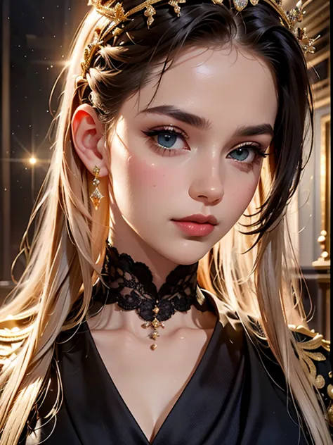 a stunningly beautiful girl - a princess in a black and gold robe . crown on head ,beautiful bright sparkling gold and gemstone ...