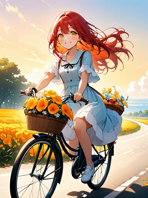 a girl riding a bicycle. smiling like eyes closing.  frock.  red hair.  red, orange, yellow sky.  beautiful bicycle with flower ...