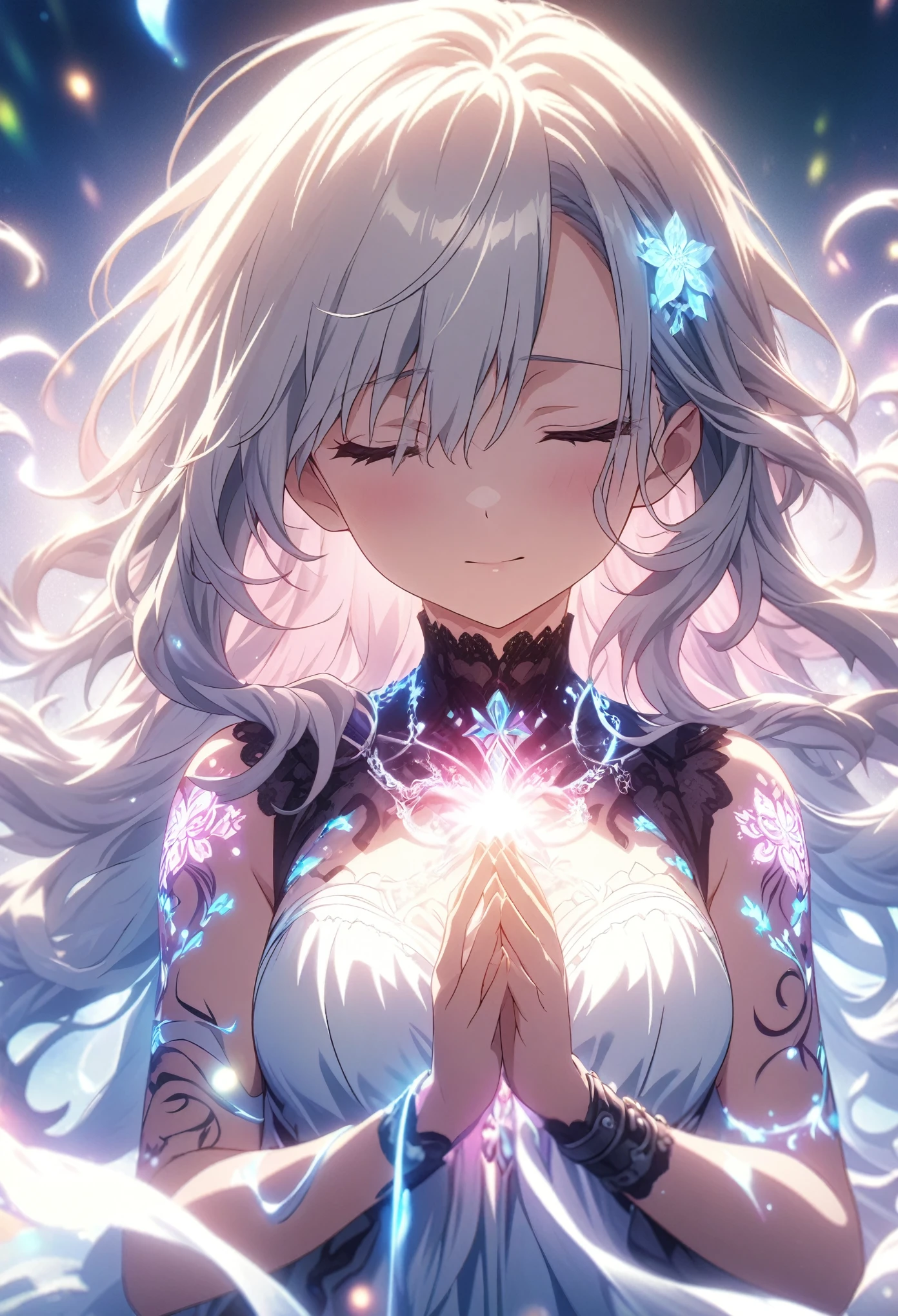 masterpiece, best quality, extremely detailed CG unity 8k wallpaper, Anime screenshot, artistic illustration of a female anime character with a glowing neon flower tattoo and chains spiraling all over her body. emits light. There's a nice soft-focus effect in this scene with the flowing hair, highlighting the magical glow of the tattoo. Bokeh. Depth of field. Close your eyes and pose in prayer.