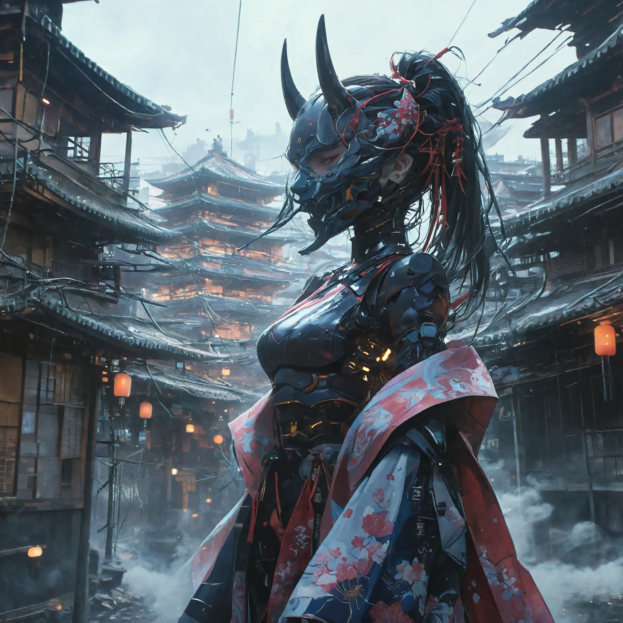 Its neck is so long it looks like a kirin、Creating an image of a female android in a beautiful kimono walking through the streets of Kyoto. The style is terrible, and the fusion of humans and Robots has a mysterious and creepy atmosphere amidst the beauty. In the background is an old Japanese cityscape. It has a long neck made of machines and wears a mask. Imagine a strange and eerie picture - Ar 9:16.
creepy atmosphere, fusion, horor, Japanese cityscape, long neck, Robots, at 6