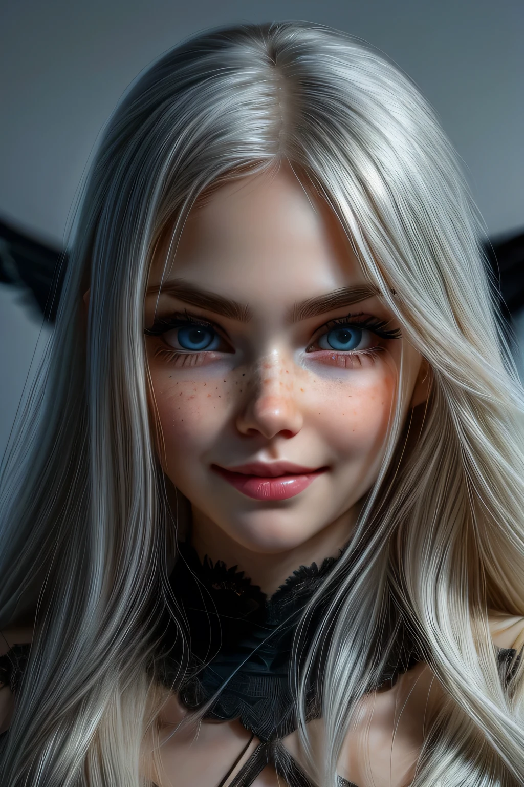 very beautiful woman, perfect face, long white hair, small sharp face, perfect big blue eyes, thin arched eyebrows, very thick and long eyelashes, close up face, freckles, small nose, black winged eyeliner, front view, looking at viewer, super white skin, russian soft small features, smiling with teeth, dimples 