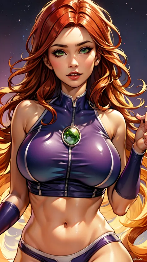 (masterpiece, best quality, ultra-detailed), starfiredc, green eyes, red hair, glowing eyes tan skin, large breasts, (purple cro...