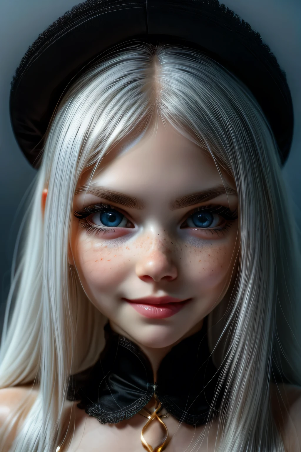 very beautiful woman, perfect face, long white hair, small sharp face, perfect big blue eyes, thin arched eyebrows, very thick and long eyelashes, close up face, freckles, small nose, black winged eyeliner, front view, looking at viewer, super white skin, russian soft small features, smiling with teeth, dimples 