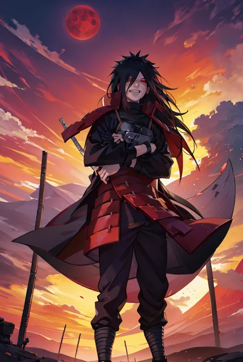 1 man, madara uchiha standing laughing holding a kunai, whole body, anime tales naruto shippuden, a red moon in the background