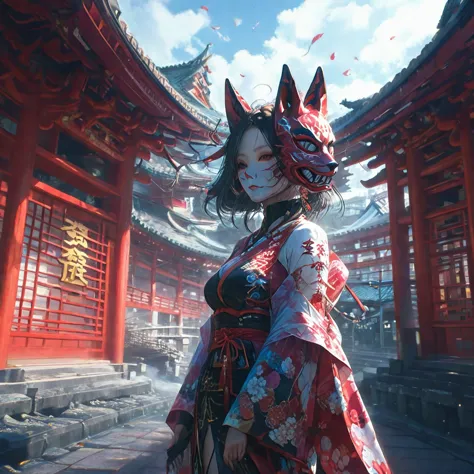 earrings、hair ornaments、an image of a female android wearing a kimono dress and a fox mask strolling through a kyoto shrine has ...