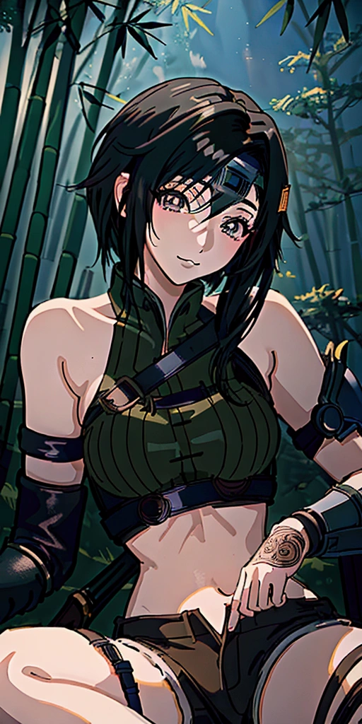 (((masterpiece))),((Highest quality、masterpiece、anime style、best quality、high resolution、8k、detailed、ultra-detailed:1.3)),(((Beautiful one woman:1.3))),((yuffie kisaragi,Black Hair、Shortcuts,Beautiful Eyes、Draw the eyes clearly:1.3)), headband, green crop top, shoulder armor, armguard, fingerless gloves, tan shorts, single thighhigh, fishnets, upper body, looking at viewer, furrowed brow, smug smile, closed mouth, grass, bamboo, sky,sexy pose,outdoor,Daytime