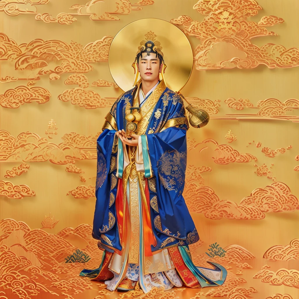 male taoist preiest, chinese male deity, taoist, holy, golden sky and cloud, holding a flat wood plate, good looking, 