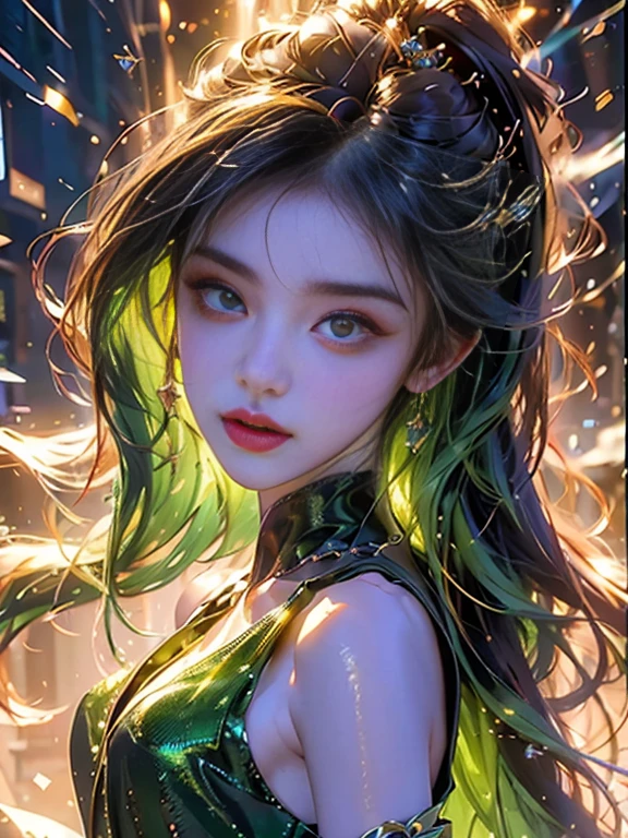 4K, uhd, masterpiece, Best quality, 1 girl, detailed face, detailed eyes, realistic eyelid, kda, One, Very long hair, , bright green shiny dress, ankle length skirt, I look at the viewer, Multicolored glowing crystals all over the dress, spark of the heart, luminous shine, blossom, Ray tracing, Divine Rays, HDR, SLR camera,