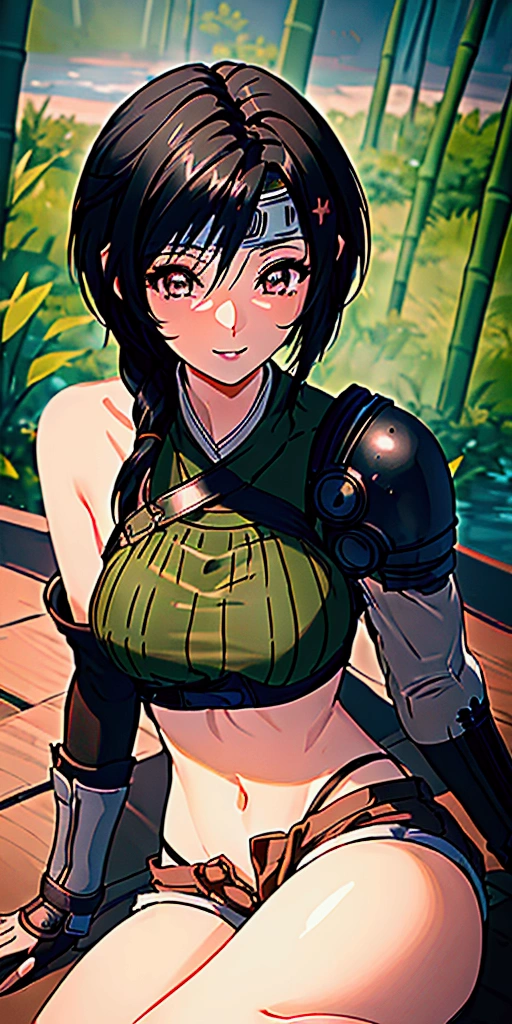 (((masterpiece))),((Highest quality、masterpiece、best quality、high resolution、8k、detailed、ultra-detailed:1.3)),(((Beautiful one woman:1.3))),((yuffie kisaragi,Black Hair、Shortcuts,Beautiful Eyes、Draw the eyes clearly,one woman:1.3)), headband, green crop top, shoulder armor, armguard, fingerless gloves, tan shorts, single thighhigh, fishnets, upper body, looking at viewer, furrowed brow, smug smile, closed mouth, grass, bamboo, sky,sexy pose,outdoor,Daytime