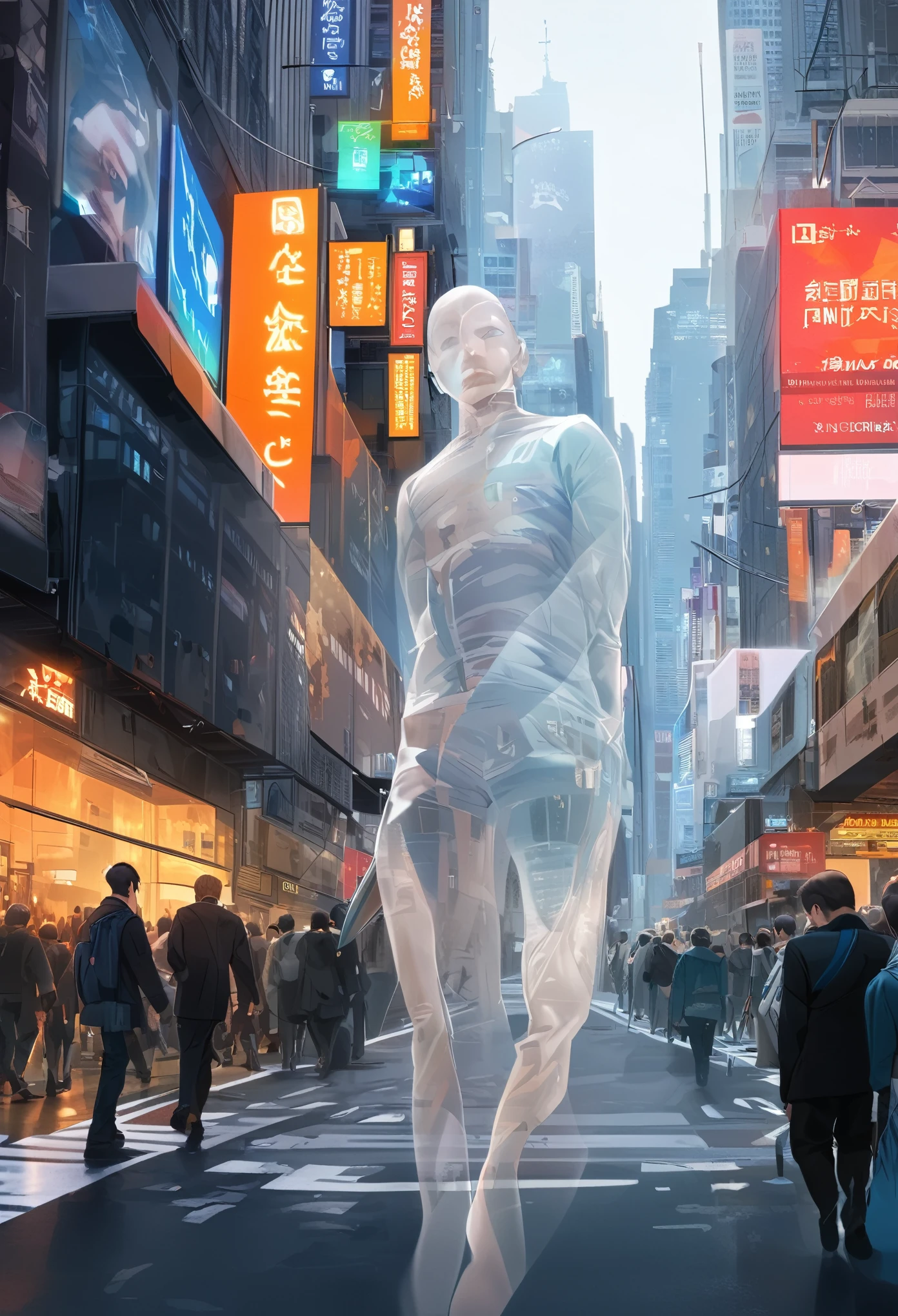 
A (transparent man:1.8) (holding knife:1.3) coming toward viewer, in the daytime streets of a crowded future New York City