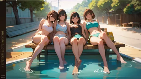 group of girls resting on their back, in a bench next to a pool, full body, dynamic poses, beach, ocean, sunset, beautiful detai...