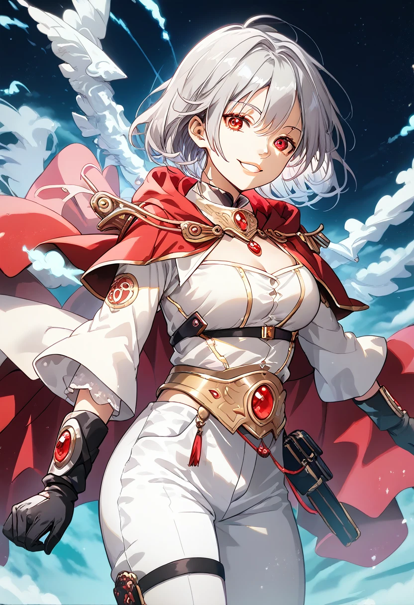 score_9, score_8_up, score_7_up, source_アニメ, Highly detailed wallpaper, One girl , lenna ff5, smile,alone, Grey Hair, original_Costume,Red Cape,White pants, gloves, chest, uniform, large chest