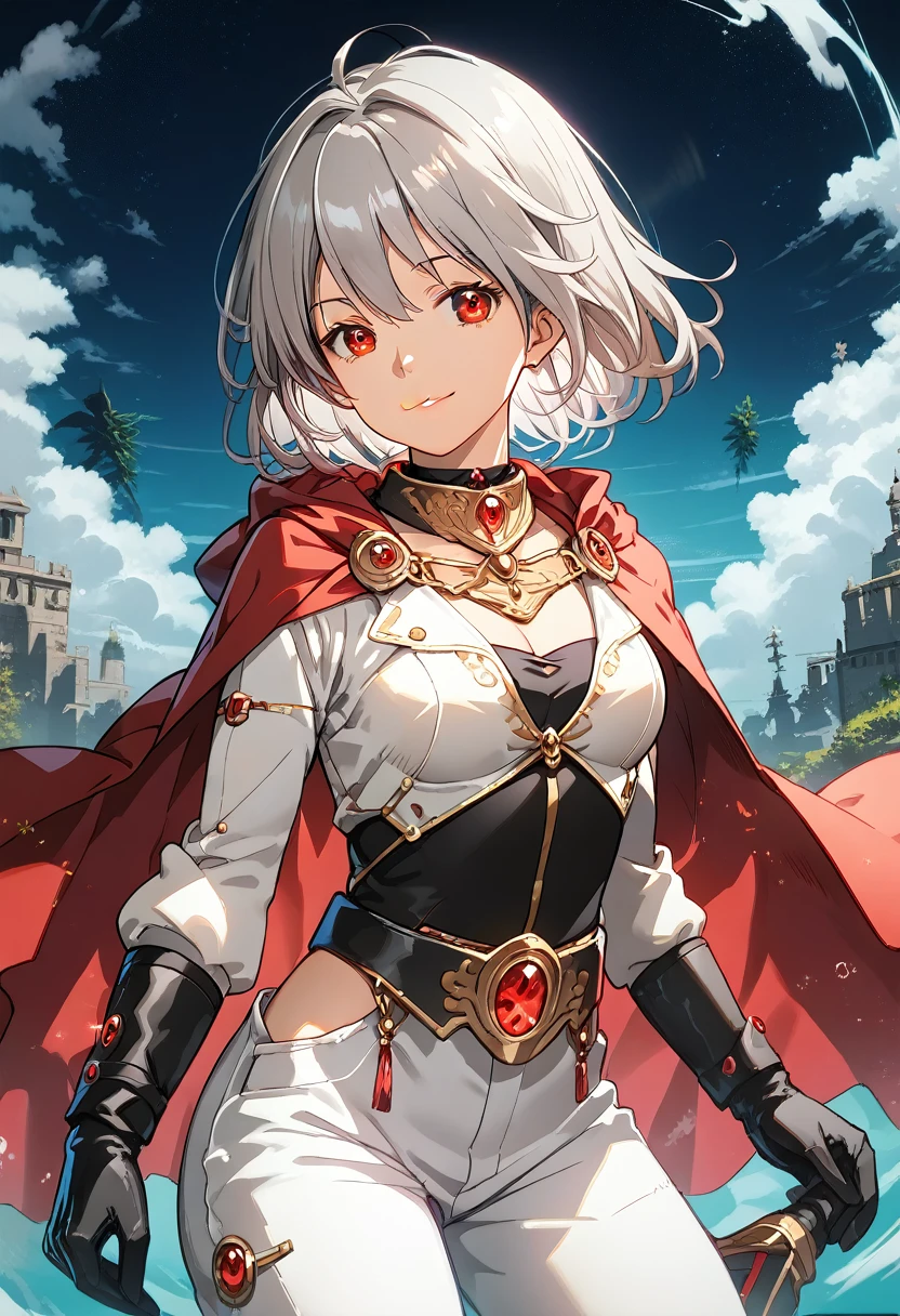 score_9, score_8_up, score_7_up, source_アニメ, Highly detailed wallpaper, One girl , lenna ff5, smile,alone, Grey Hair, original_Costume,Red Cape,White pants, gloves, chest, uniform, large chest