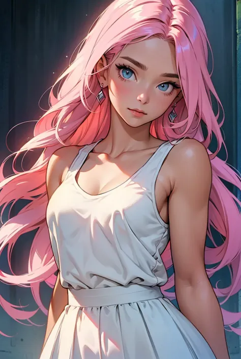 (masterpiece), best quality, expressive eyes, perfect face, {full body} of a girl in a white tank top, pink bra, perfect body