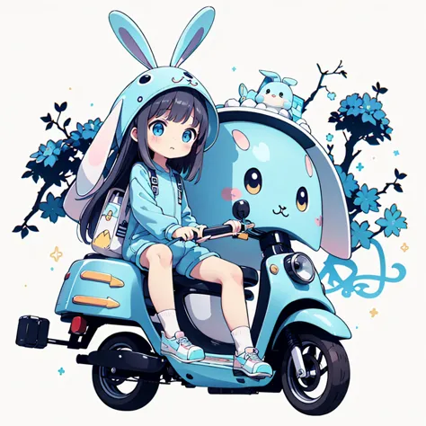 perfect anatomy、highest quality、masterpiece、blue rabbit costume、big goggles on your head、a cute, futuristic scooter in pastel co...