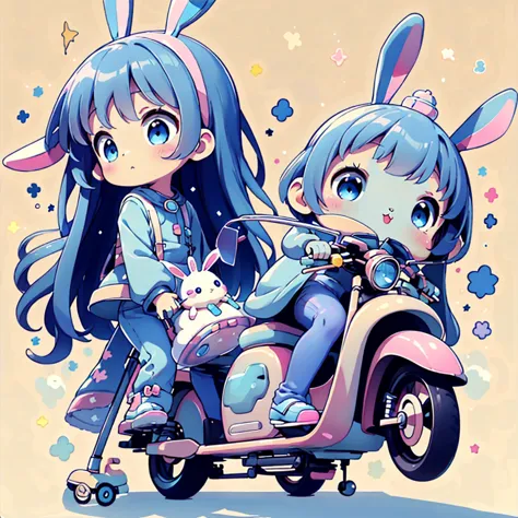 perfect anatomy、highest quality、masterpiece、blue rabbit costume、big goggles on your head、a cute, futuristic scooter in pastel co...