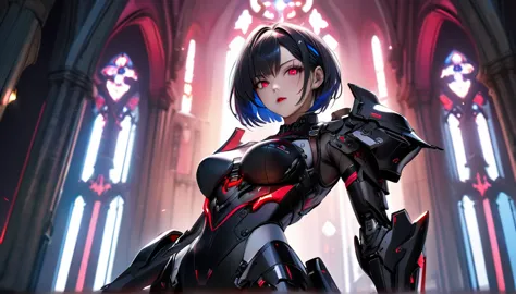 a portrait of mecha female vampire in a dark gothic cyberpunk church, an exotic exquisite beautiful mecha female vampire, dynami...