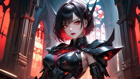 a portrait of mecha female vampire in a dark gothic cyberpunk church, an exotic exquisite beautiful mecha female vampire, dynami...