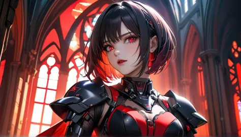 a portrait of mecha female vampire in a dark gothic cyberpunk church, an exotic exquisite beautiful mecha female vampire, dynami...