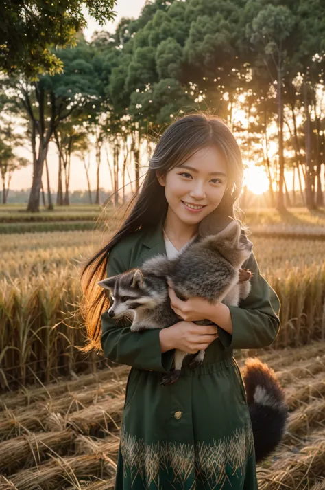 highest quality,high resolution,precision,8k,sunset scene,paddy field,rural,autumn harvest time composition:1.5,(raccoon)(fox)(s...