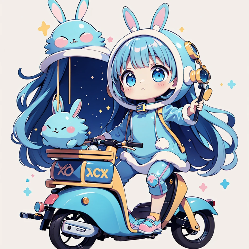 Perfect Anatomy、Highest quality、Masterpiece、Blue rabbit costume、Big goggles on your head、A cute, futuristic scooter in pastel colors、A cutely designed rider suit、White background、Poster,Blue rabbit costume、kawaii tech,