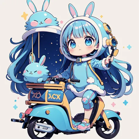 perfect anatomy、highest quality、masterpiece、blue rabbit costume、big goggles on your head、a cute, futuristic scooter in pastel co...