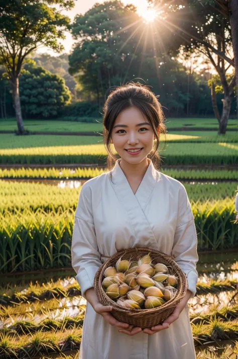 highest quality,high resolution,precision,8k,sunset scene,paddy field,rural,autumn harvest time composition:1.5,(raccoon)(fox)(s...