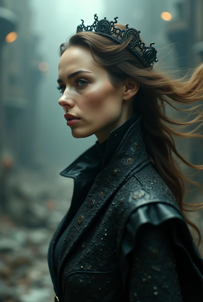 An Award-Winning Masterpiece for Vogue Fashion magazine,  maximalist style fashion in a stunning photograph of a beautiful woman shot in HD, hyperrealistic, blurred motion background --ar 1:2  (((metallic ominous war))) [in the style of Anna Razumovskaya and Clovis Trouille:0.4] ral-dissolve, surrealism fantasy