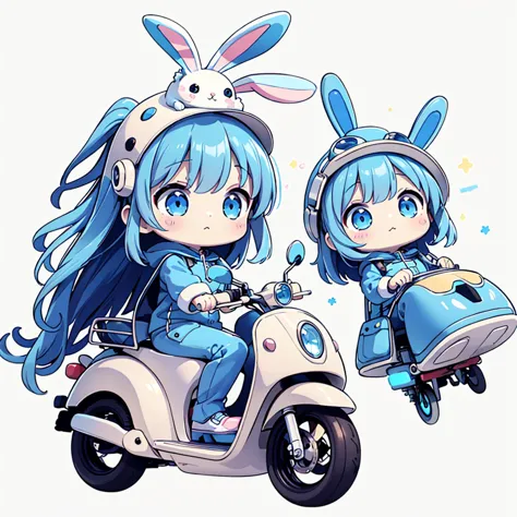 perfect anatomy、highest quality、masterpiece、blue rabbit costume、big goggles on your head、a cute, futuristic scooter in pastel co...