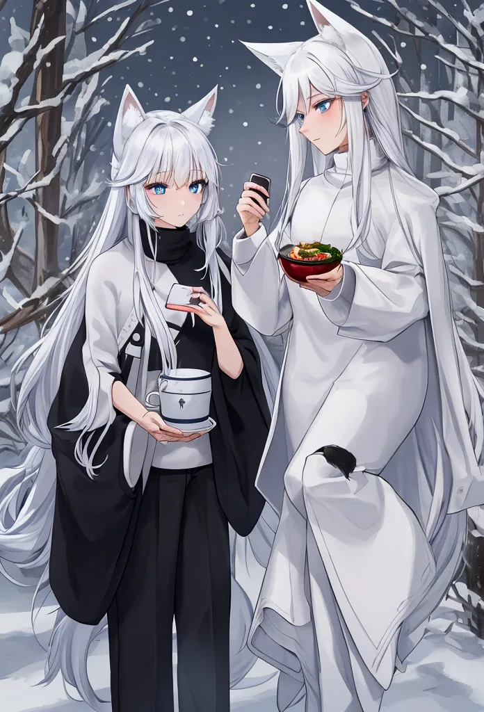 herbal tea and spicy salad ((nose hair) a white fox with blue eyes and a black tail, a black sweater, and winter pants, sometime...