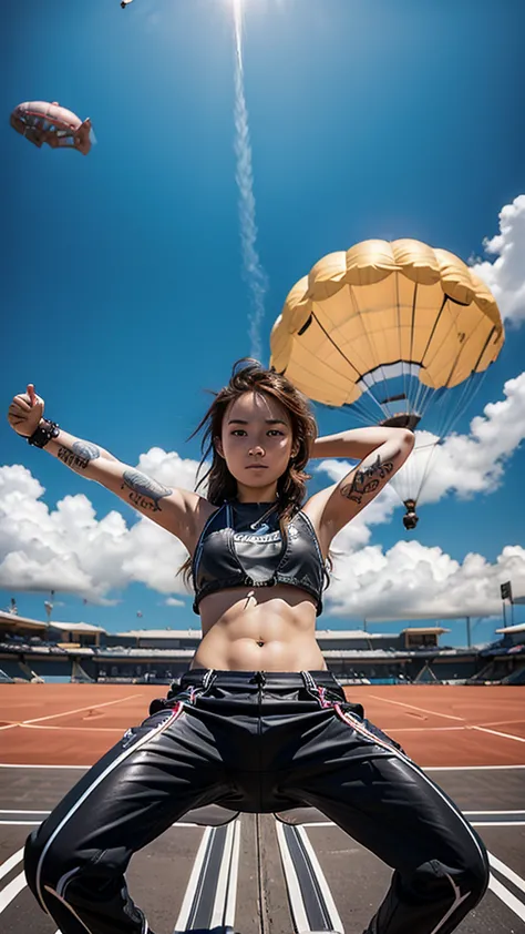 a cool girl, chestnut hair,  tattoo on arms, , pants, 
tennis,   skydiving   , enjoying the moment, facing at viewer , plane in ...