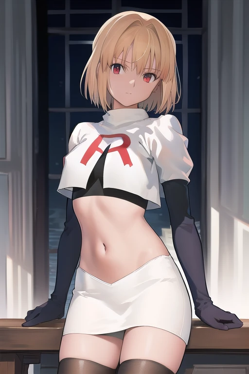 arcueid \\(tsukihime\\),arcueid \\,1girl,solo,(cowboy shot:1.2),best quality,masterpiece,original, extremely detailed 8K wallpaper, extremely delicate and beautiful,colorful,intricate detail,mature female,Perfect female,high quality,high res,medium breasts,team rocket,team rocket uniform,white skirt,red letter R,crop top,black thigh-highs,black elbow gloves