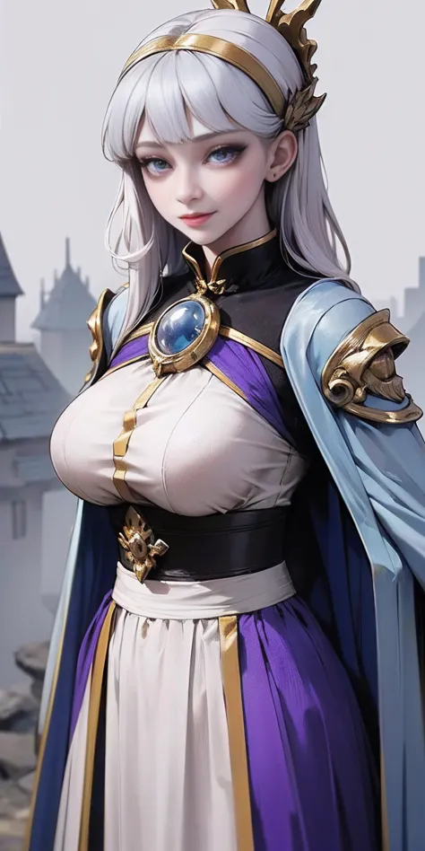 (female chest covered)(smile) gray skin, pale golden hair and violet eyes. she prefers clothing of white and silver with cloaks ...