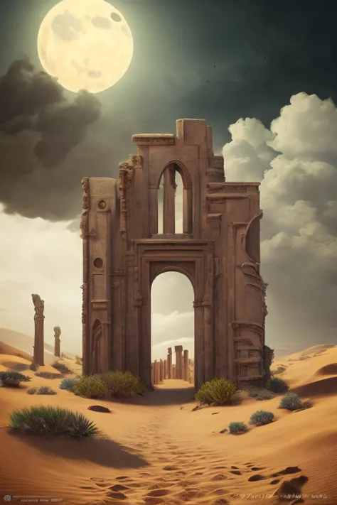 weathered explorer comes across gigantic 1000 ft tall eldritch ruin monuments remnants amongst the dunes of ominous desert, wond...