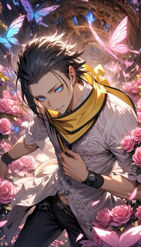 absurdres, highres, ultra detailed, HDR, masterpiece, extremely detailed, detailed eyes, Mochizuki Ryouji, black hair, slicked back hair, ruffled hair, expressive blue eyes, Persona 3, solo, sexy man, sensual, handsome, adult face, yellow scarf, white shirt, black pants, black wristband, fantasy, magical, pink radiant roses, petals, in wonderland, clock, pink radiant butterflies, crystalline