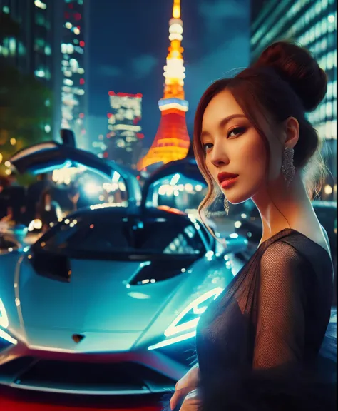 a woman in a dress and a luxury car, surrealism, enjoying life!!! elegant, depth of field, cinematic lighting, high fashion phot...