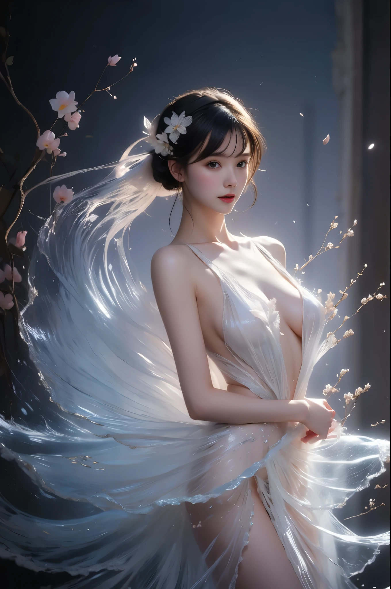 liquid clothes,water（Quality Improvement：1.4），1girl, ((在water池里戏water, Soaked)), ((water花飞溅, water滴, water流, water，流动的water，water，流动的water滴，飞溅的water喷，飞溅的water滴，water滴落，The beating waves，)), Elegant posture, ((Emphasize sexy long legs)), Full breasts，Visible cleavage，Sexy long legs，The skirt is short，((She gently lifted her skirt with one hand.)),Surrounded by white Phalaenopsis orchids，Lilac dendrobium、White Lily, Flying petals，（Top quality leather), Delicate face,Black Hair, Gradient hair, Body,（Body1.1）, He has a precious gem on his forehead...., Excellent students，Long eyelashes,Smile, Surrealism, Movie Lighting, Projection Insert, Surrealism, Ultra HD, masterpiece，lie，Keep dreaming，Open your legs slightly.，Tattoo，Fantasy Space，Luxurious space，Exquisite makeup，blush，Shy expression