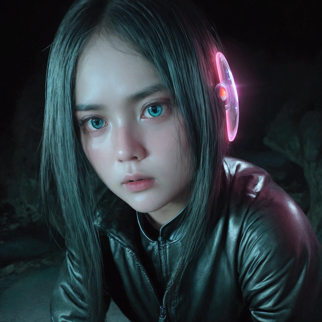 (granular:0.5), Cinematic,girl, space, Severe, Detailed eyes, Detailed face, Futuristic clothing with attention to detail, Light on the clothes, (Sighting gun:1.1), (concealment:1.1), (squat, Look to the side:1.1), Volumetric lighting, separation, Horror, Dim lighting, More about red bioluminescence, More about green bioluminescence, More about blue bioluminescence