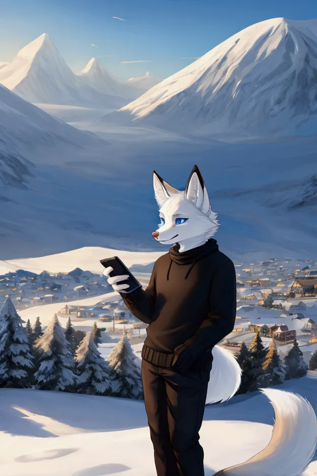 single furry, male, mixed body, fangs ((my nose)) a fox with white fur, blue eyes, tail, black sweater and warm pants, a snow to...