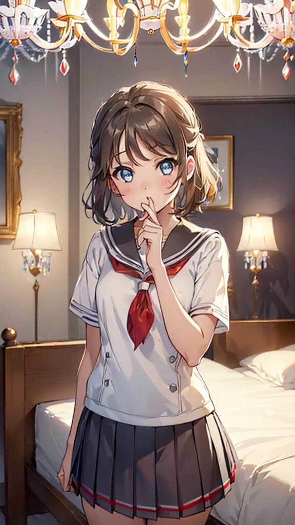 (((kiss:1.5))),1girl,1boy,,nsfw, you watanabe, short hair, blue eyes, brown hair, skirt, school uniform, short sleeves, pleated skirt, serafuku, socks, neckerchief, kneehighs, black socks, (red neckerchief:1.2), grey skirt, uranohoshi school uniform, ---(8K,raw,best quality,real 1.2),ultra high quality,high resolution,best quality,perfect face,perfect limbs,perfect fingers, lying on the bed,(((medium bust 1.3))),(((slender thighs 1.3))), pure white marble interior,((pure white bedroom like a western castle: 1.5)),((luxurious pure white canopy bed: 1.4),(((chandelier: 1.4))),((pure white bed 1.5)), (beautiful anime face, cute face, detailed face), perfect anatomy, perfect proportions, nice lighting, bright colors, clean lines, blurry, stunning facial expression, miniature human hands, (((beautiful face and eyes drawn in great detail, (masterpiece) beautiful face, young and handsome girl, really perfect skin))), stunning facial expression, gorgeous and cute, (Audrey Hepburn), (cute), (J-POP idol), (thighs), (depth) (field), (depth of field), soft light, sparkling lens gaze, (droopy eyes), straight teeth, flowing hair, a scene from Blake's movie