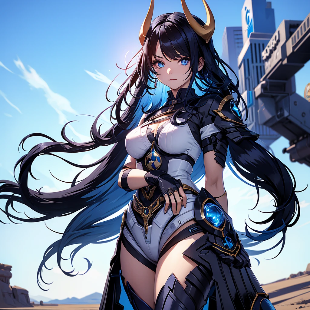 Create a character with black hair, blue highlights, and blue eyes in a futuristic desert setting, she should have futuristic horns