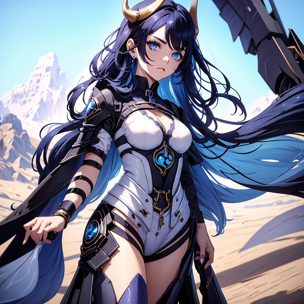 Create a character with black hair, blue highlights, and blue eyes in a futuristic desert setting, she should have futuristic horns