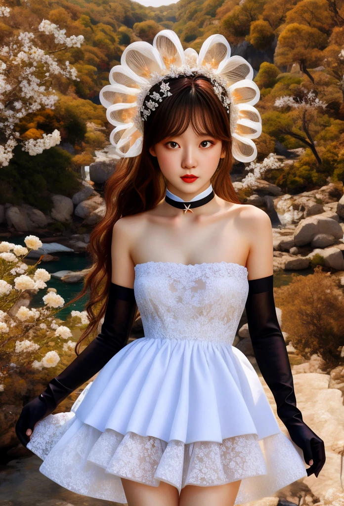 masterpiece, best quality, Highly detailed 8k wallpaper, 1 woman, outdoors, helena(azure lane),strapless dress, dress, layered dress,white flowers, headdress, purple eyes, (choker), outline, (black gloves), bare legs,