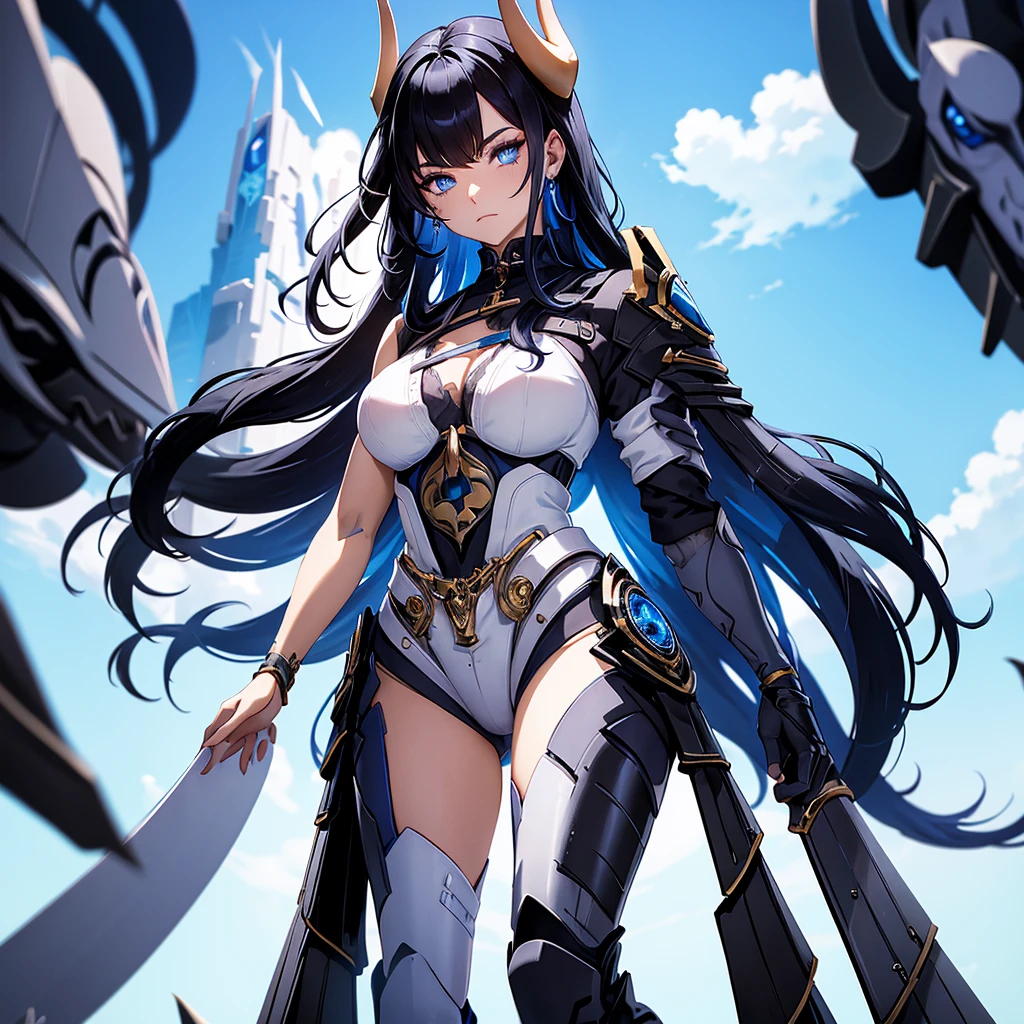 Create a character with black hair, blue highlights, and blue eyes in a futuristic desert setting, she should have futuristic horns