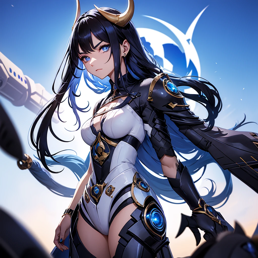 Create a character with black hair, blue highlights, and blue eyes in a futuristic desert setting, she should have futuristic horns. Your countenance must be serious