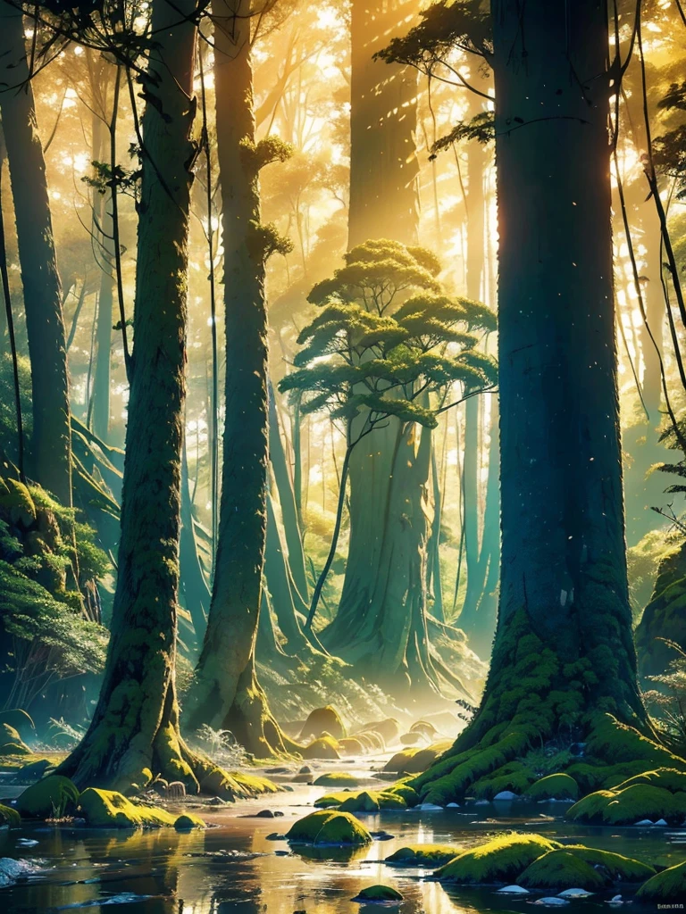 Create an inspiring digital artwork that captures the serene beauty of an ancient forest at dusk. The scene should feature towering trees bathed in gentle, golden light filtered through the foliage, casting soft shadows on the lush vegetation. The image should evoke a sense of tranquility and wonder, inviting viewers to immerse themselves in the enchanting realm of nature.